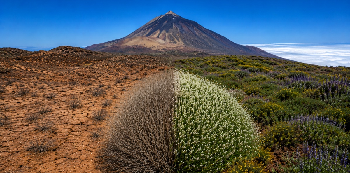 El Teide con el matorral dividido entre la zona seca y la zona en flor